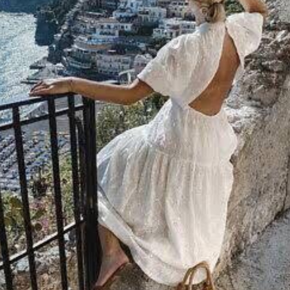 NWOT Zara White Eyelet Voluminous Open Back Dress